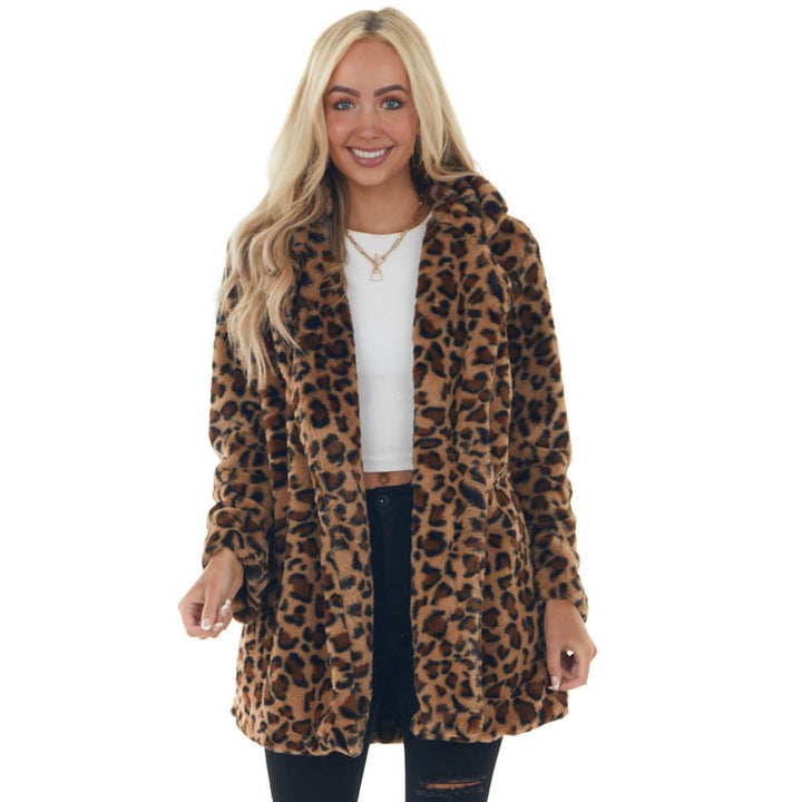 Women Leopard Fleece Jacket Comfortable Open Collar Amarae
