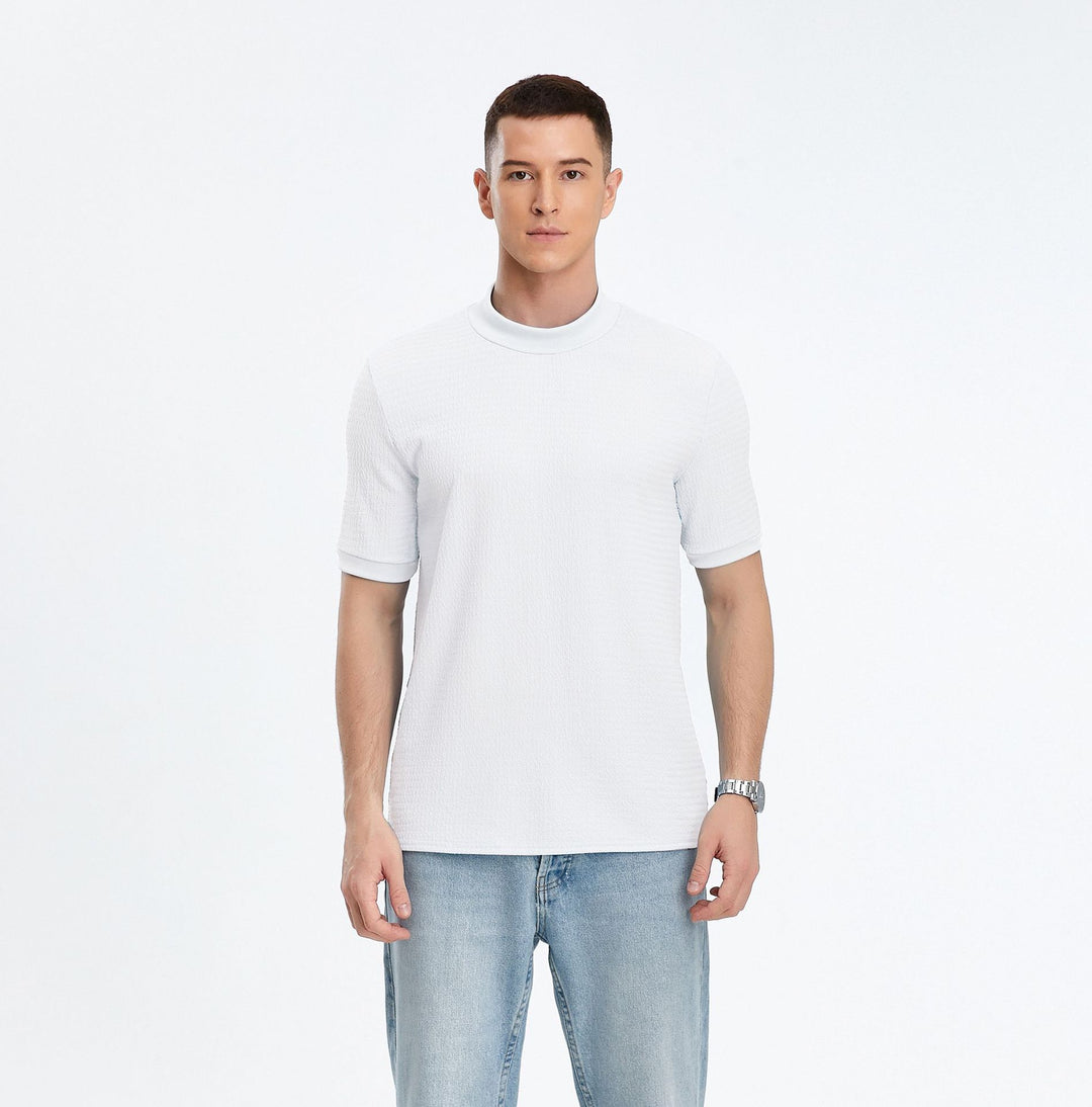 Short sleeve top for men with modern high collar and textured fabric Lune London