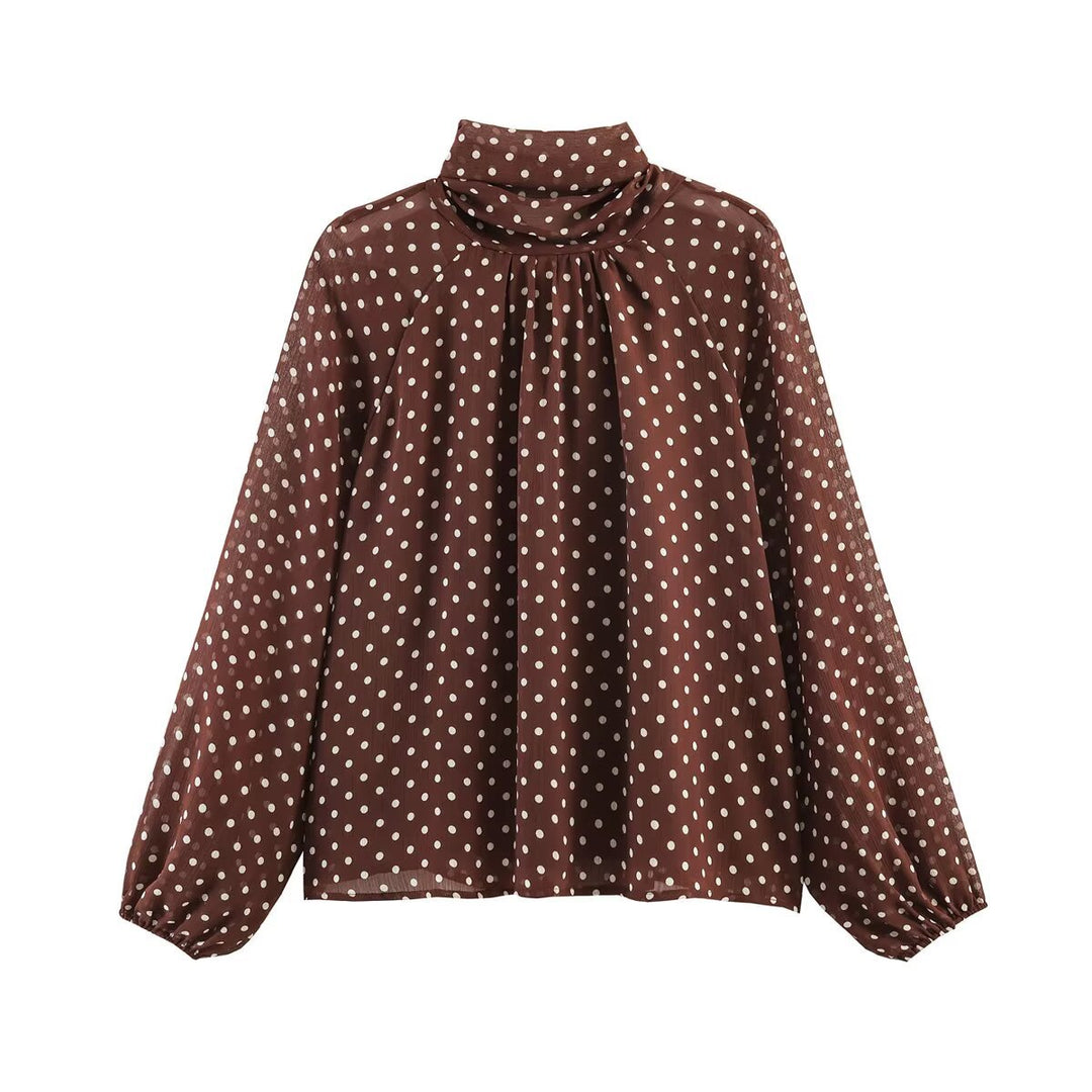 Women's Polka Dot Blouse with High Stand Collar, Ruffled Neckline and Balloon Sleeves Amarae