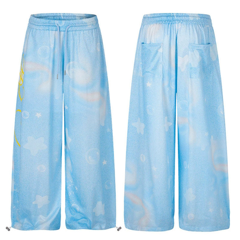 Ladies Wide Mesh Palazzo Lounge Pants with Elastic Comfort Waist and Star Bubble Print