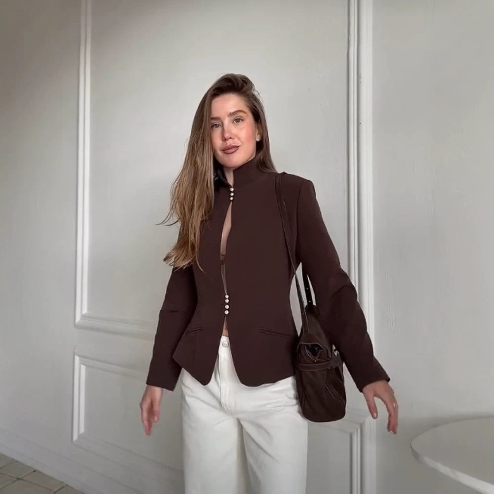 Women's Tailored Blazer with Stand Collar and Pearl Button Placket Amarae