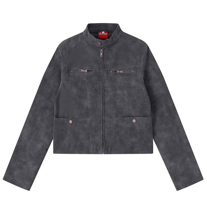 Women's short cut biker jacket in suede look with stand-up collar and chest zipper Amarae