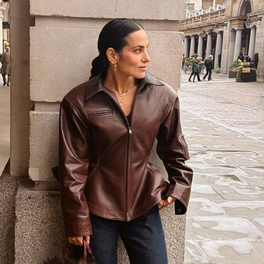 Women’s leather jacket with tailored peplum, zipper & large shirt collar Amarae