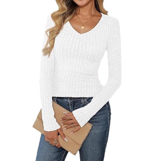Haut en côtelé ajusté pour femme avec décolleté en V Chic & Stil