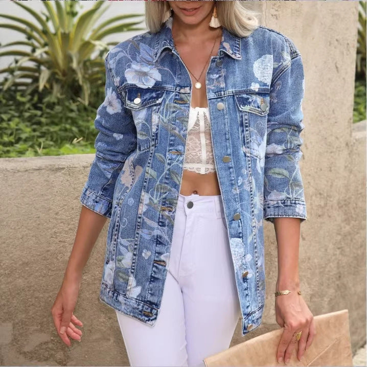 Women’s Longer Denim Jacket with Floral Allover Print, Chest Flap Pockets, and Casual Oversized Fit Amarae