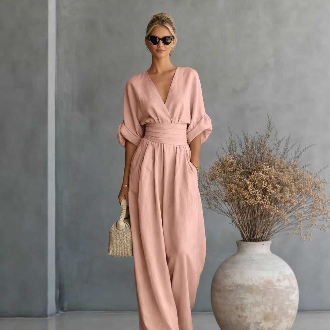 Women Wide Cut Jumpsuit with Elegant Draping and V-Neck Amarae