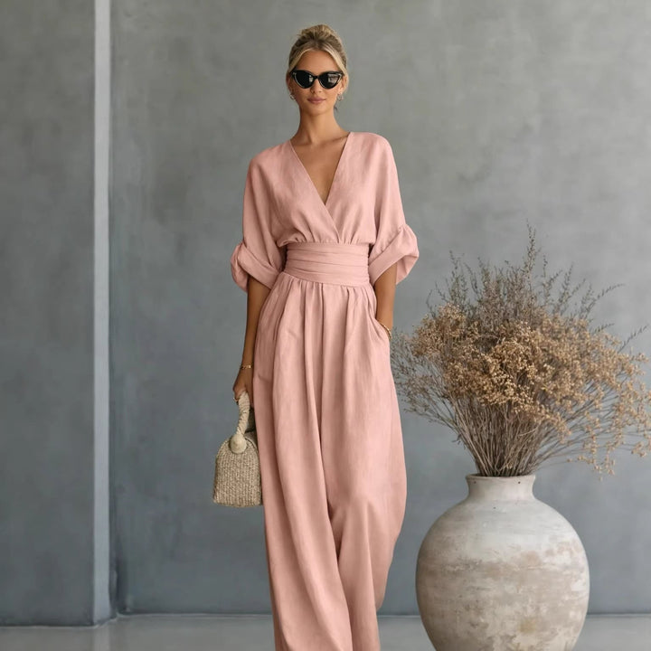 Women Wide Cut Jumpsuit with Elegant Draping and V-Neck Amarae