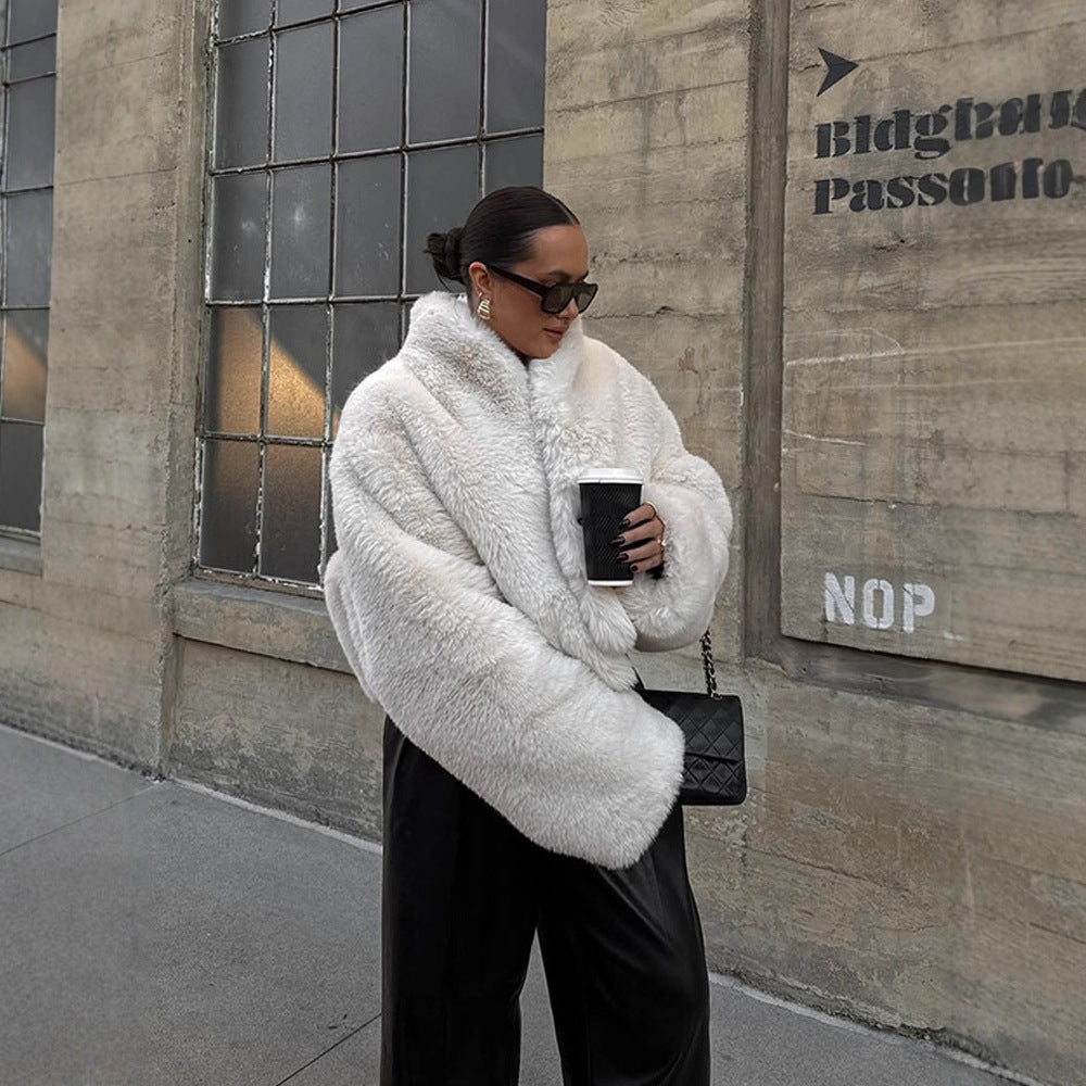 Women's Short Cozy Faux-Fur Bomber Jacket with Voluminous Shawl Collar and Boxy Silhouette Amarae