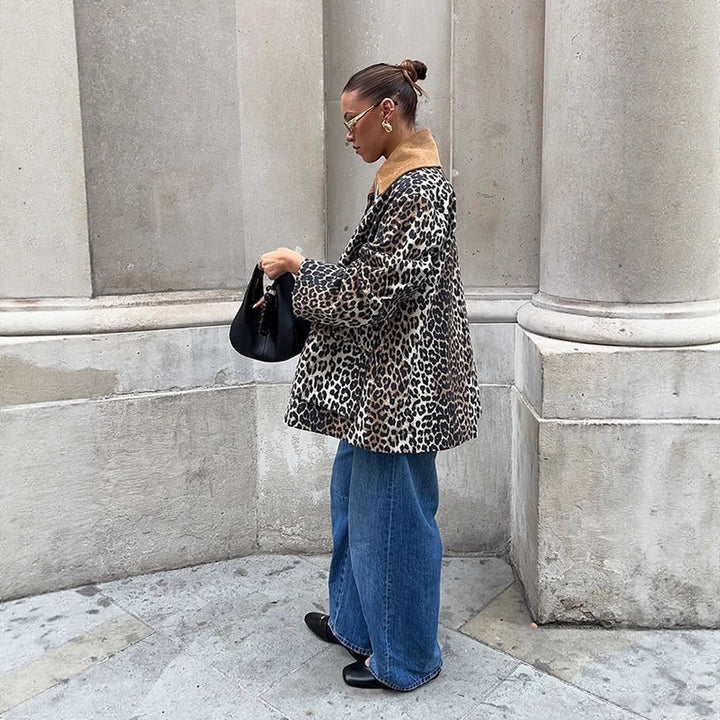 Women's Oversize Field Jacket with Leopard Print and Contrasting Cord Collar Amarae