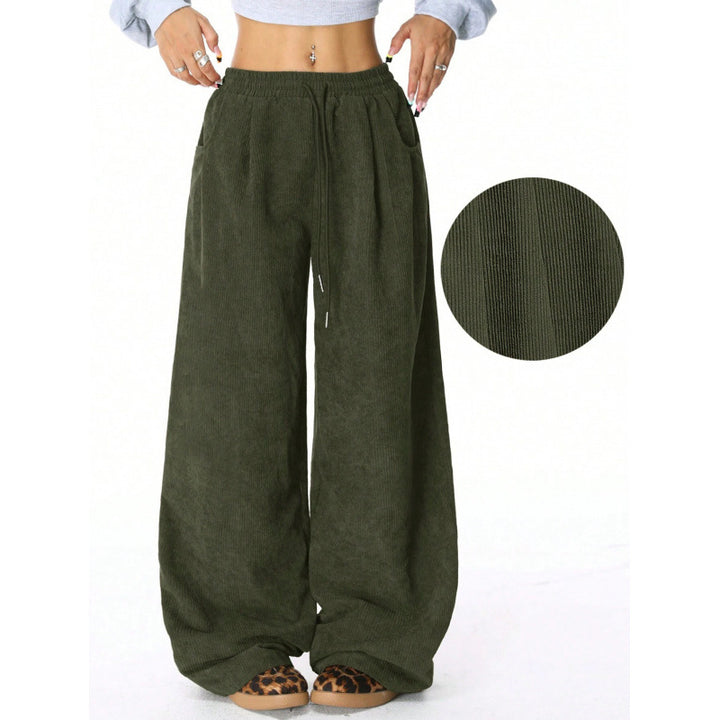 Ladies Wide Cord Pants with High Elastic Waist and Drawstring Amarae