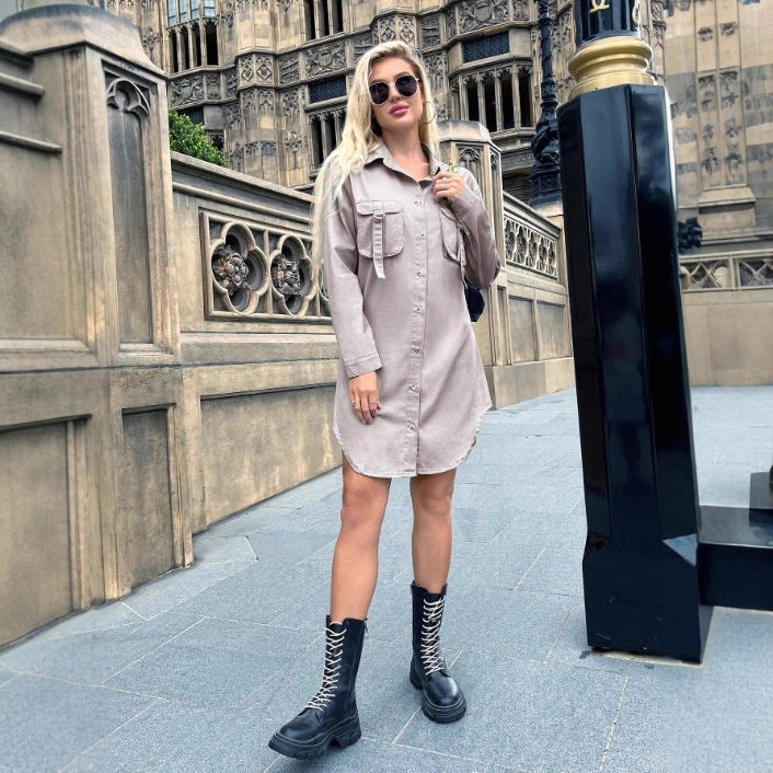 Women Oversized Shirt Dress with Flap Pockets and Curved Hem Amarae