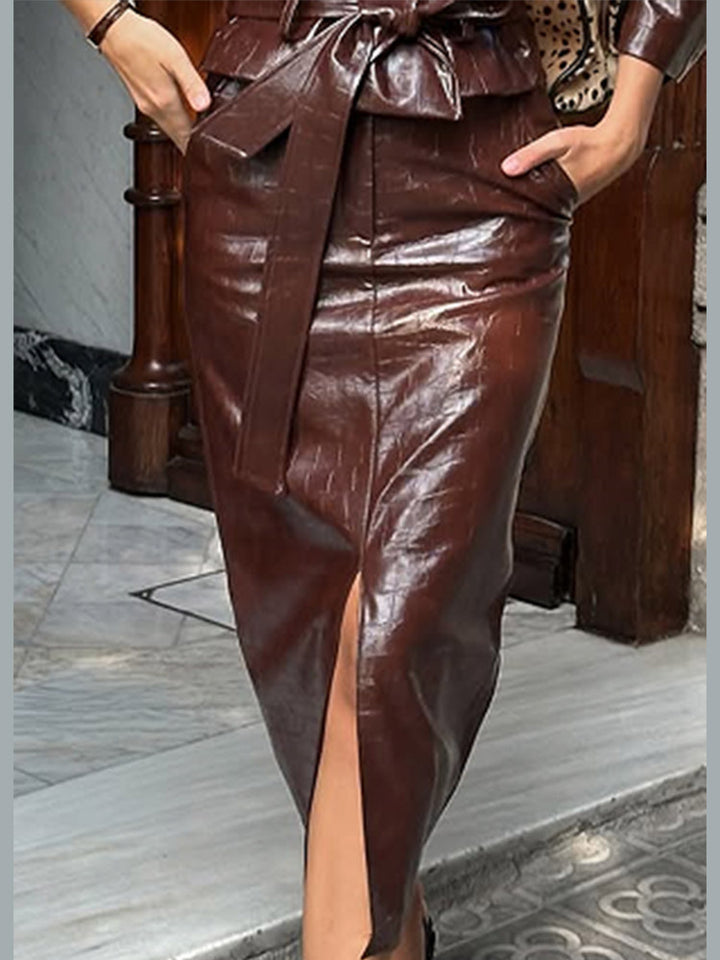 Women's Shiny Crocodile Pattern Trench Coat with Waist Belt and Wide Lapels Amarae