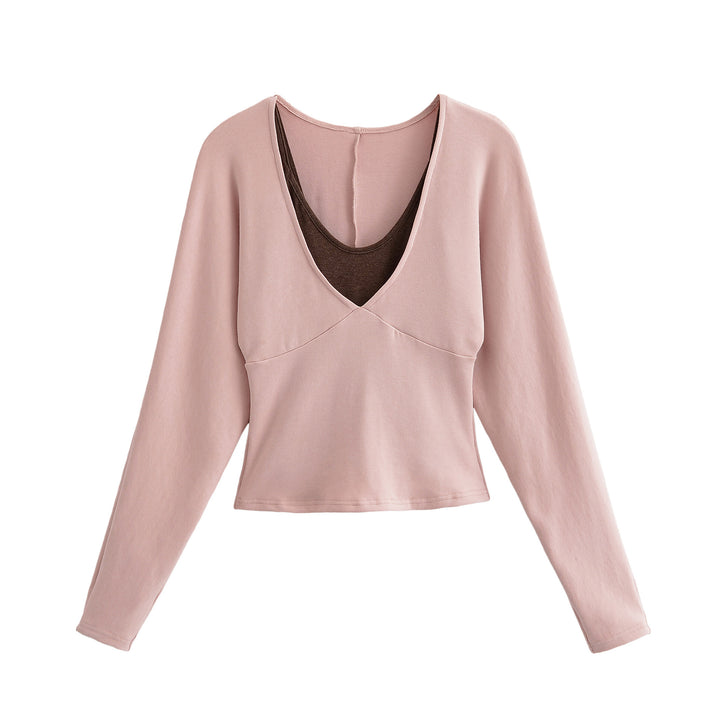 Women's Layered Look Long Sleeve Shirt with Deep V-Neck and Integrated Camisole Amarae