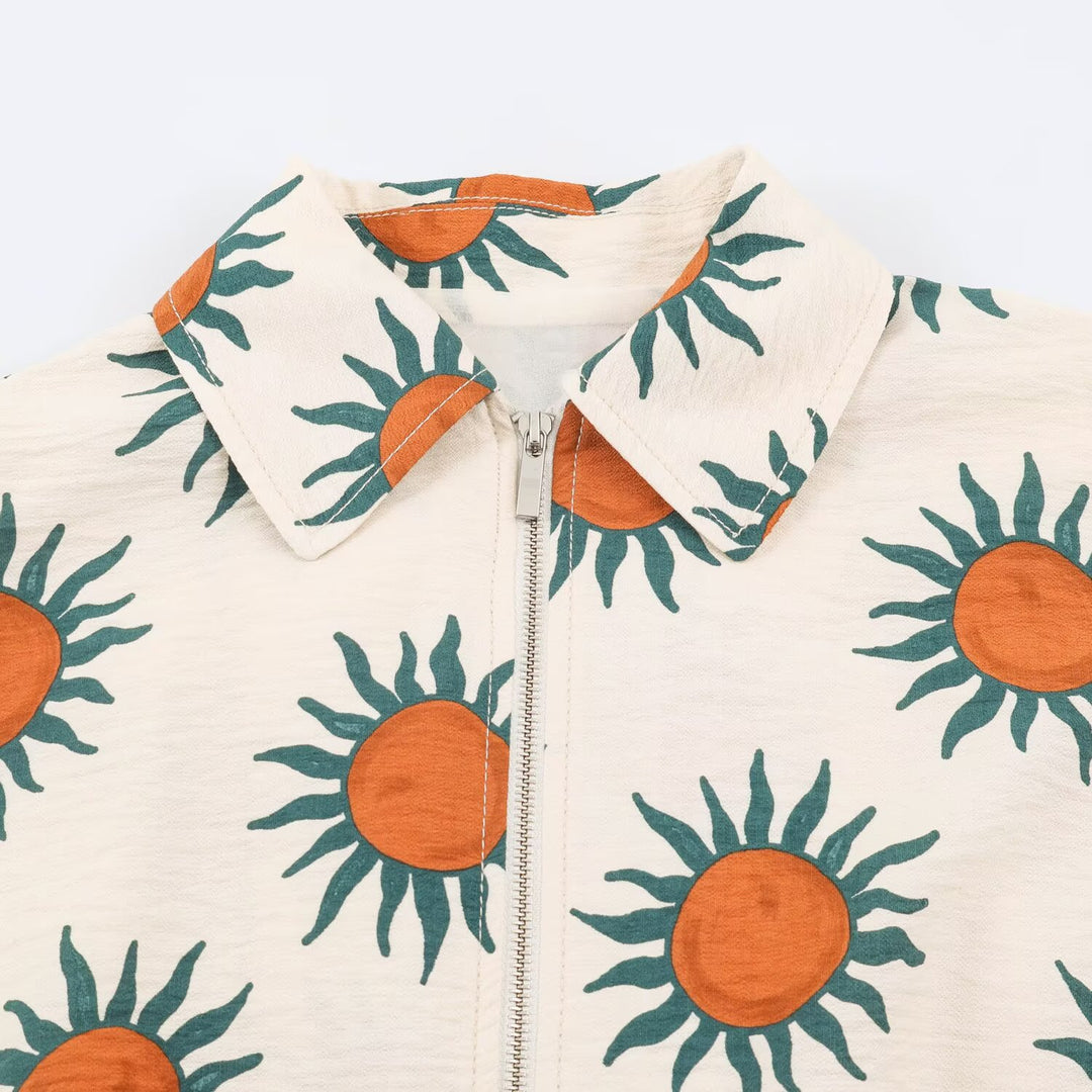 Women's Oversized Lightweight Cotton Jacket with Zipper, All-Over Sun Print and Drawstring Waist