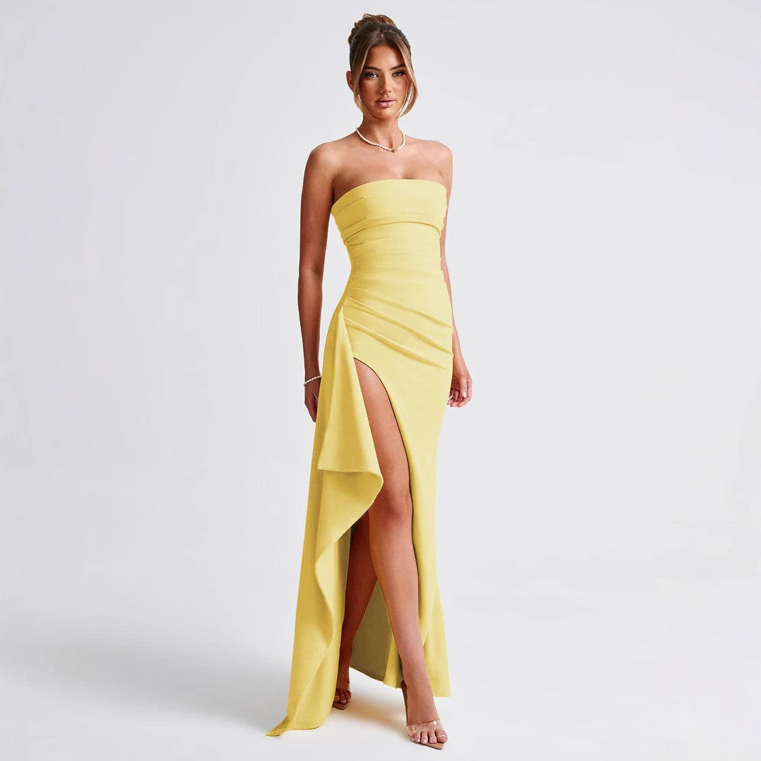 Women Elegant Strapless Evening Dress with Asymmetric Slit Lune London