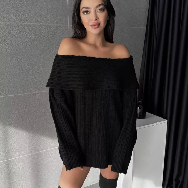 Pull en tricot surdimensionné pour femmes avec design épaules dénudées et texture à fines côtes Chic & Stil