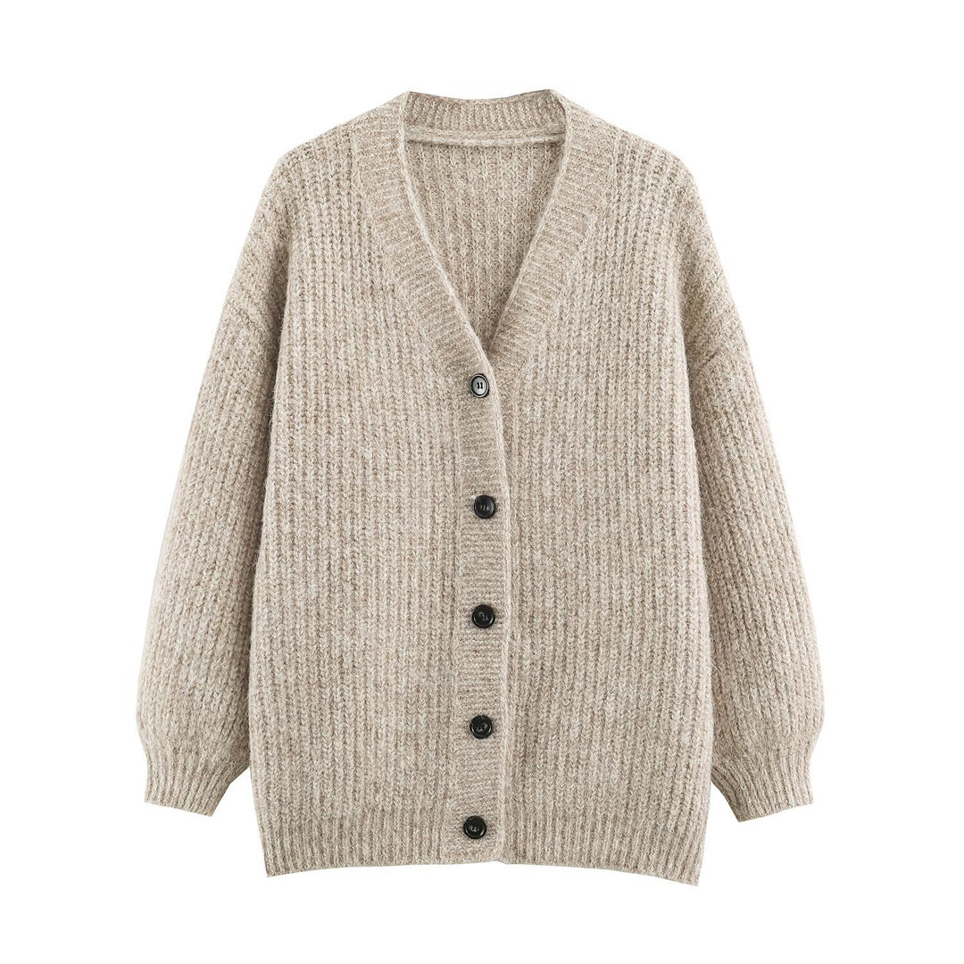 Women Oversized Chunky Knit Cardigan with Deep V-Neck, Ribbed Texture and Balloon Sleeves Amarae