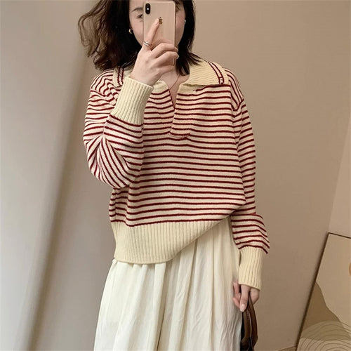 Ladies cozy knitted sweater with striped design and modern collar Amarae