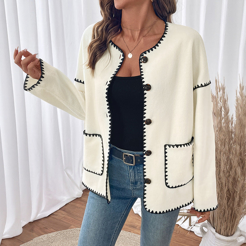 Ladies modern knit jacket with unique contrast seams Lune London