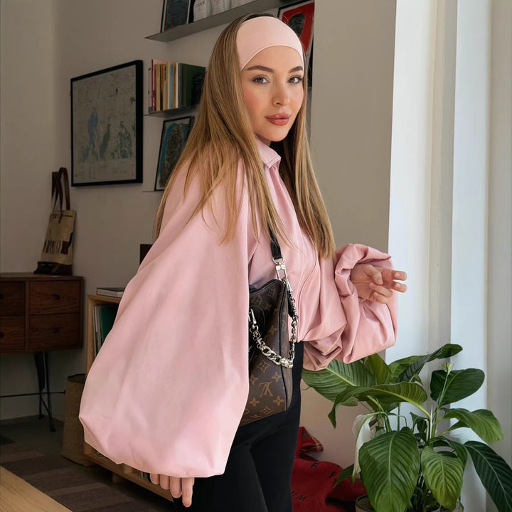 Women Short Cape Jacket with Wide Balloon Sleeves and Zipper Amarae
