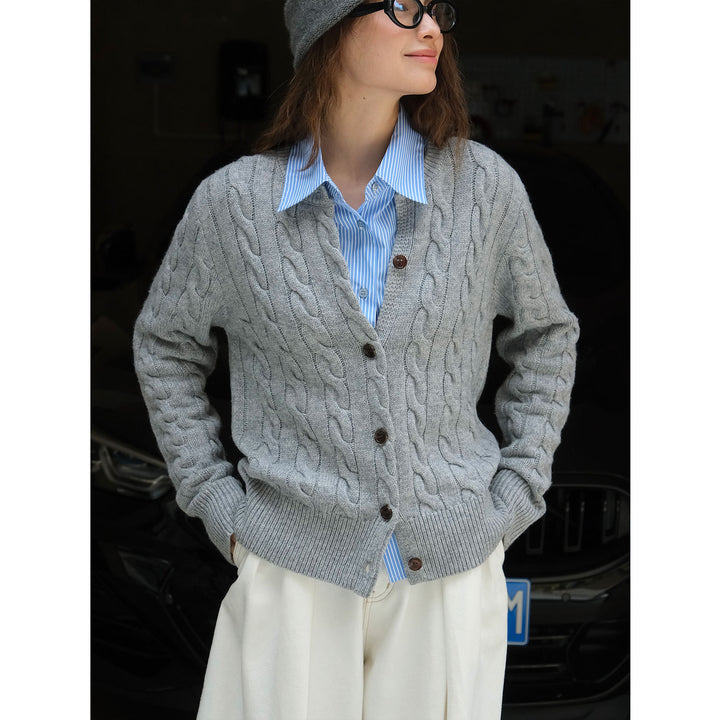 Ladies Cozy Cable Knit Cardigan with V-Neck and Wooden Buttons Amarae