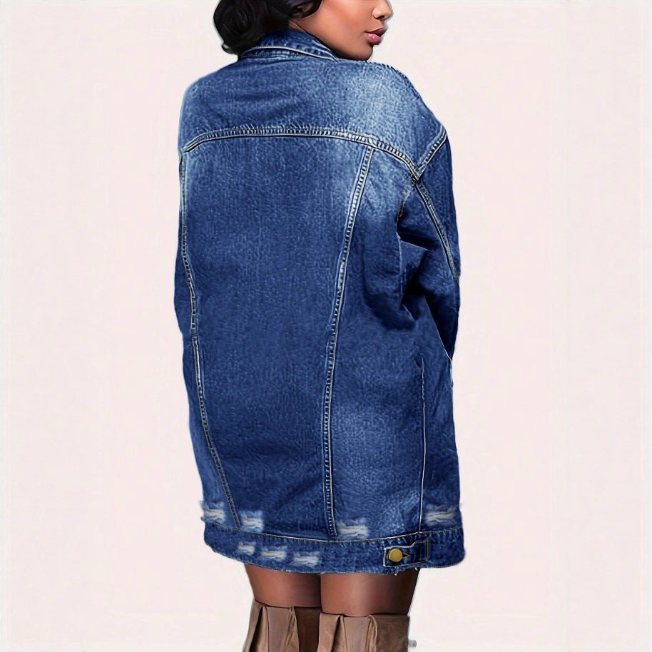 Women's Oversize Longline Denim Jacket with Distressed Details and Flap Pockets Amarae