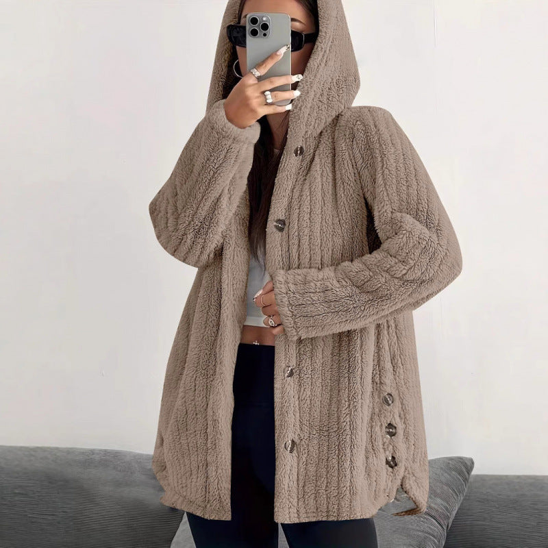 Women's Hooded Teddy Coat with Button Placket and Oversized Fit Amarae