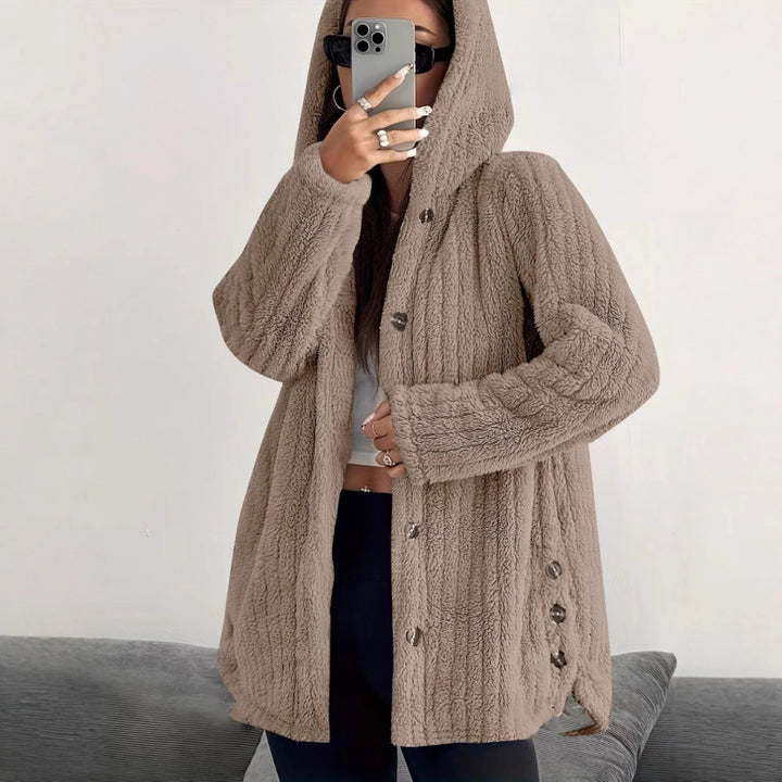 Women's Hooded Teddy Coat with Button Placket and Oversized Fit Amarae