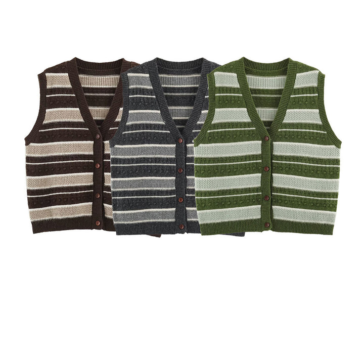 Women's fine knitted vest with V-neck, textured stripes and button placket Amarae