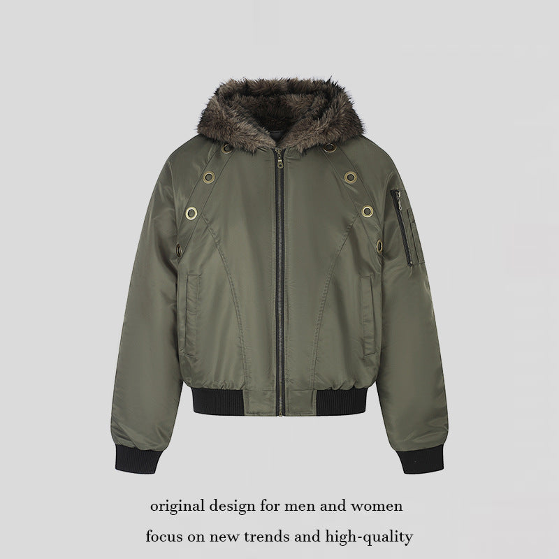 Women's short-cut bomber jacket with faux fur hood and eyelet application Amarae