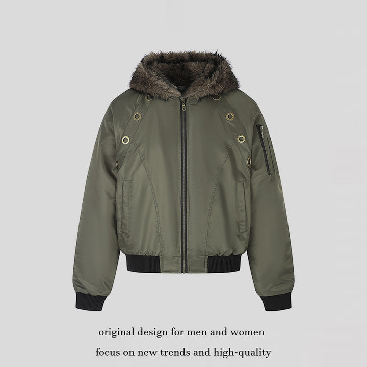 Women's short-cut bomber jacket with faux fur hood and eyelet application Amarae