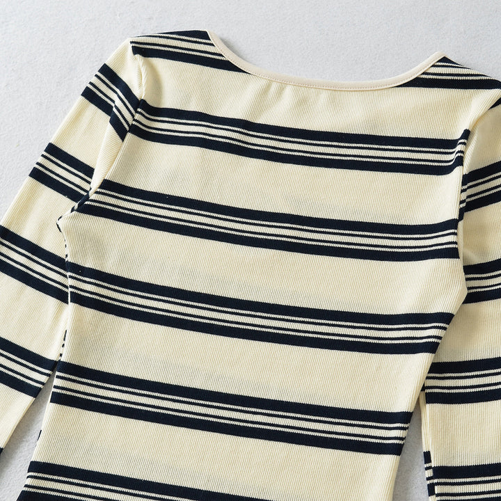 Women's Striped Fine Knit Top with Asymmetric Heart Button Detail