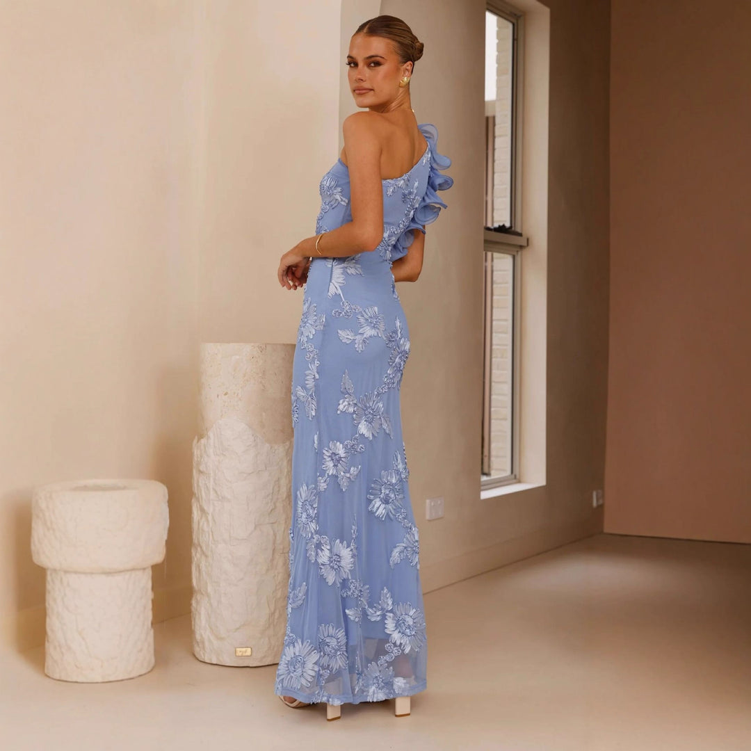 Elegant evening dress for women with asymmetric strap and floral appliqués Chic & Stil