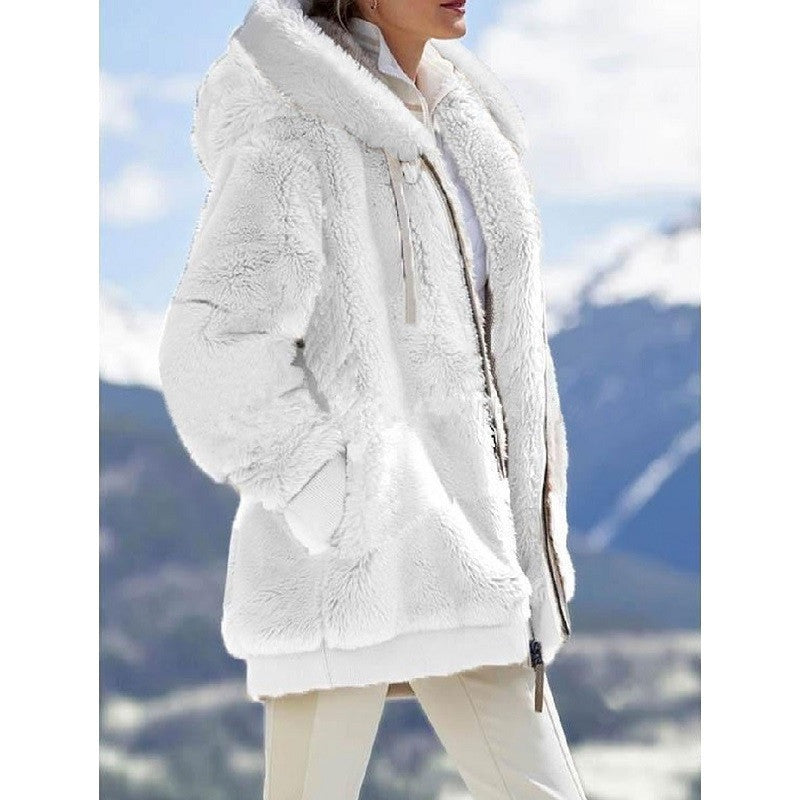 Women's Oversized Sherpa Zip Jacket with Contrast Collar, Ribbed Cuffs, and Drawstring Amarae