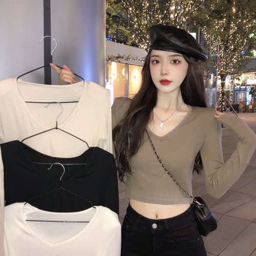 Women Cropped Long Sleeve Shirt with Fashionable V-Neck and Comfortable Materials Amarae