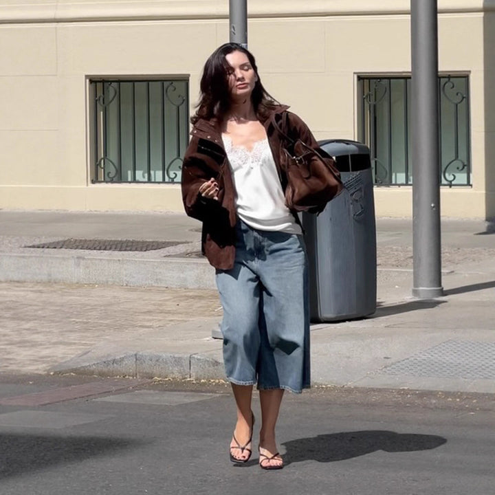 Women's short cut suede leather blouson with high stand-up collar, boxy oversized silhouette and concealed zipper Amarae