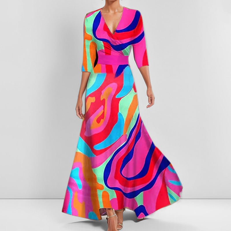 Lune London | Elegant V-Neck Printed Waist Dress with Peplum