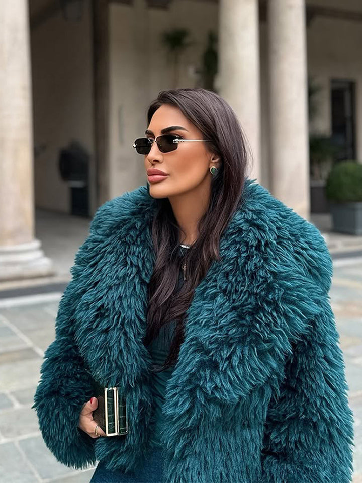 Women's Short Textured Faux Fur Coat with Voluminous Shawl Collar Amarae