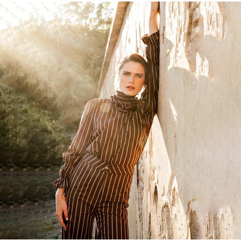 Striped suit set for women with voluminous sleeves and gathered details Lune London