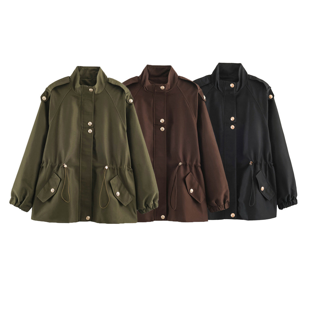 Women's short jacket in utility style with drawstring, raglan sleeves and metal button placket Amarae