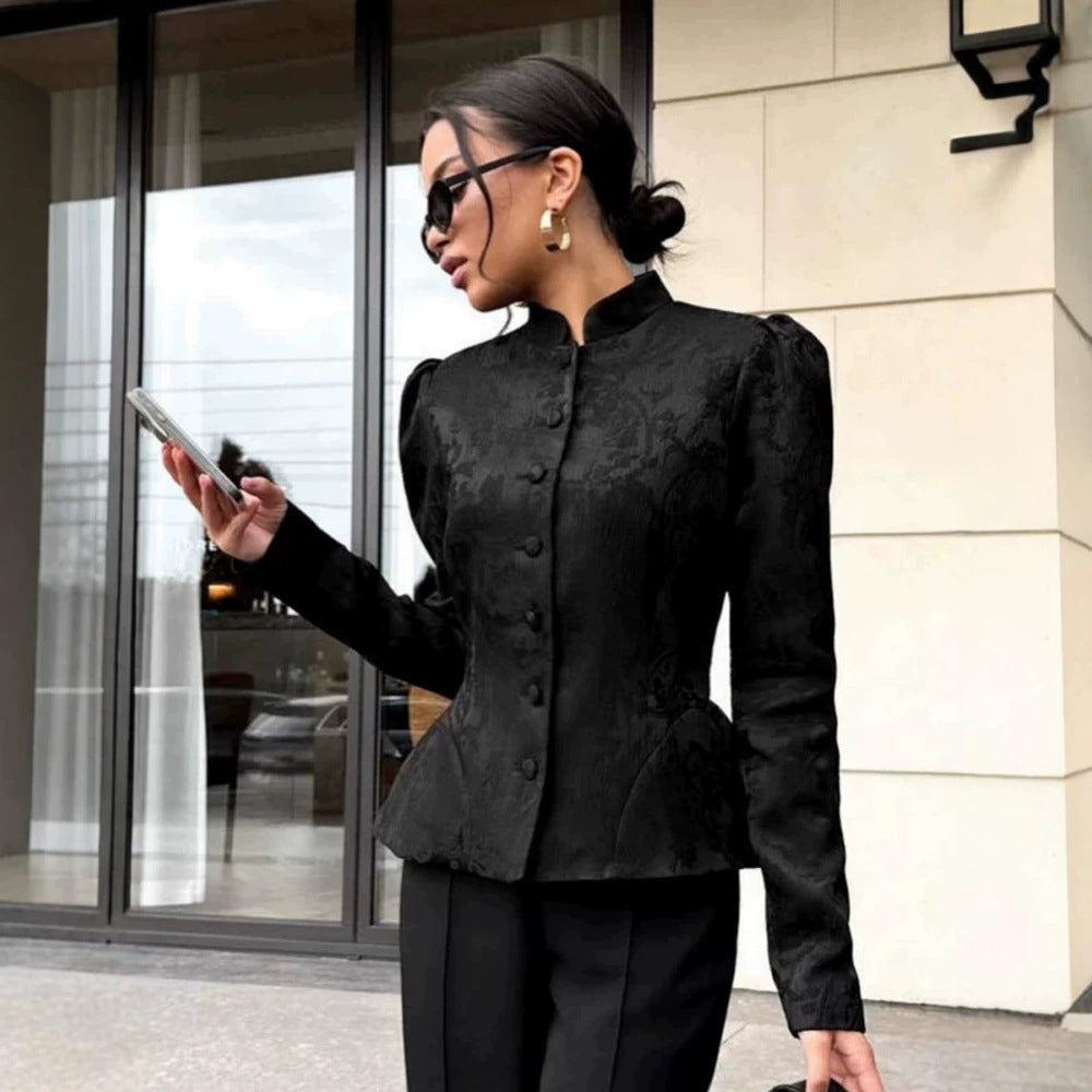 Women tailored jacquard blouse with stand-up collar and decorative button placket Amarae