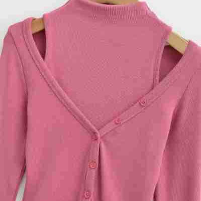Ladies two-piece knit set with integrated high neck vest and asymmetric button cardigan Amarae