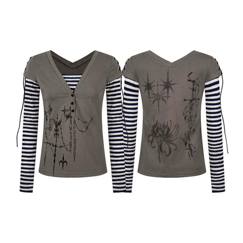 Women's Layered Long Sleeve Shirt with V-Neck, Striped Inner Layer and Lacing Detail Amarae