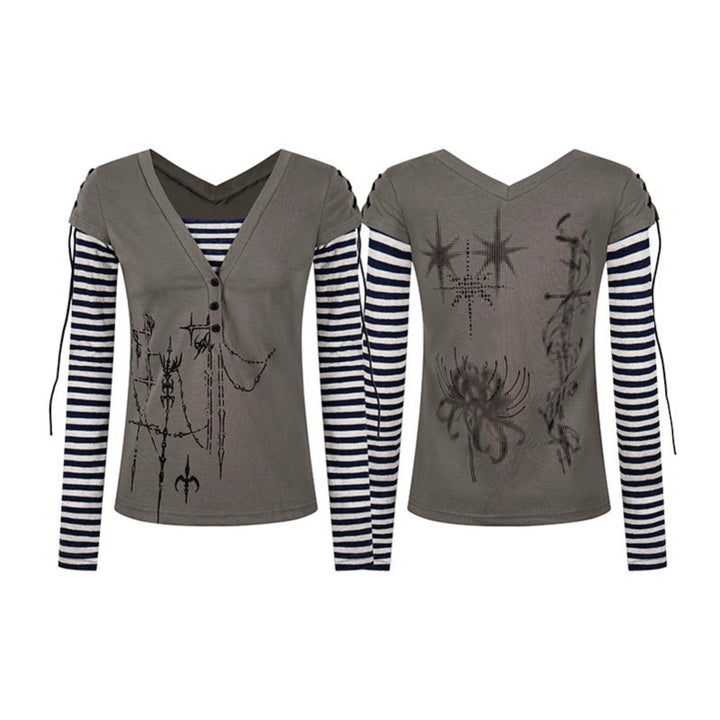 Women's Layered Long Sleeve Shirt with V-Neck, Striped Inner Layer and Lacing Detail Amarae