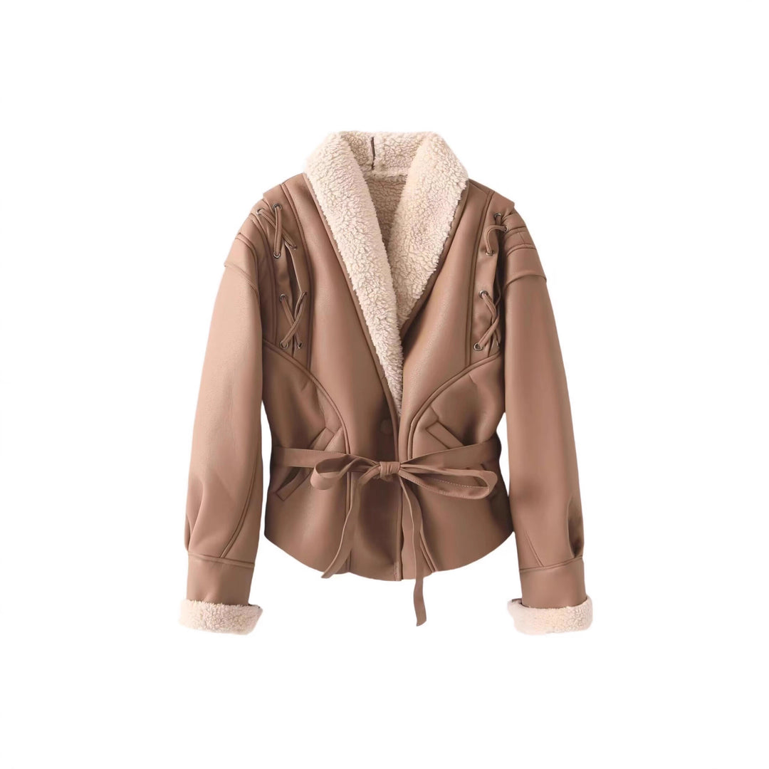 Trendy faux leather jacket for women with soft lining and tie belt Lune London