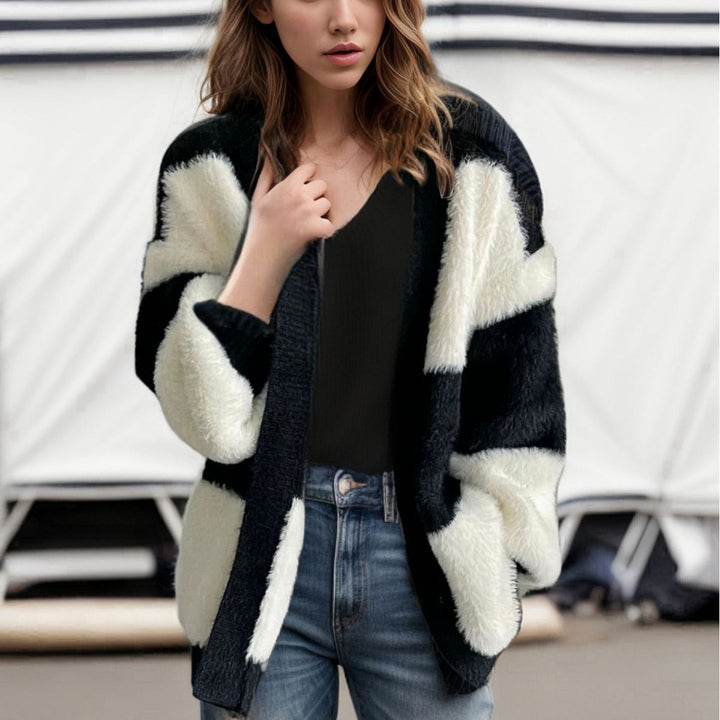 Ladies Chunky Knit Cardigan with Striped Pattern Fashion Lune London