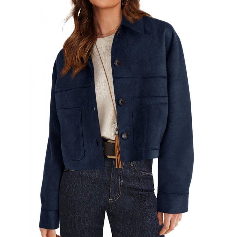 Women's short suede-look jacket with patch pockets and shirt collar Amarae