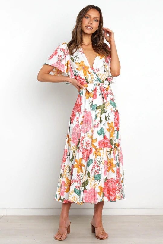 Lune London Floral Maxi Dress for Women with Ruffled Sleeves