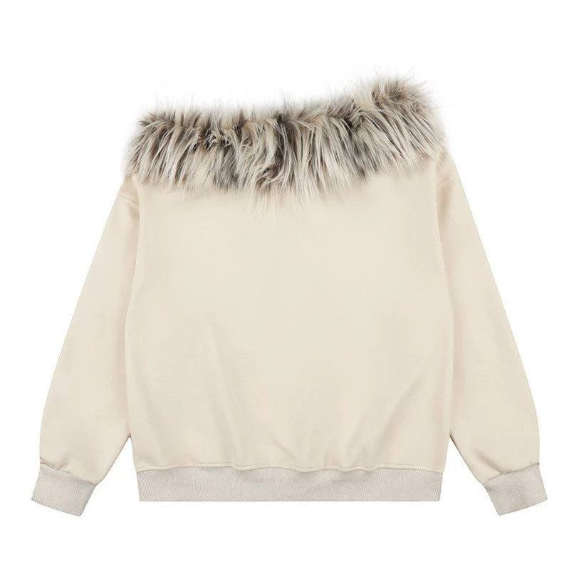 Women's hooded sweatshirt with removable faux fur collar and vintage print Amarae