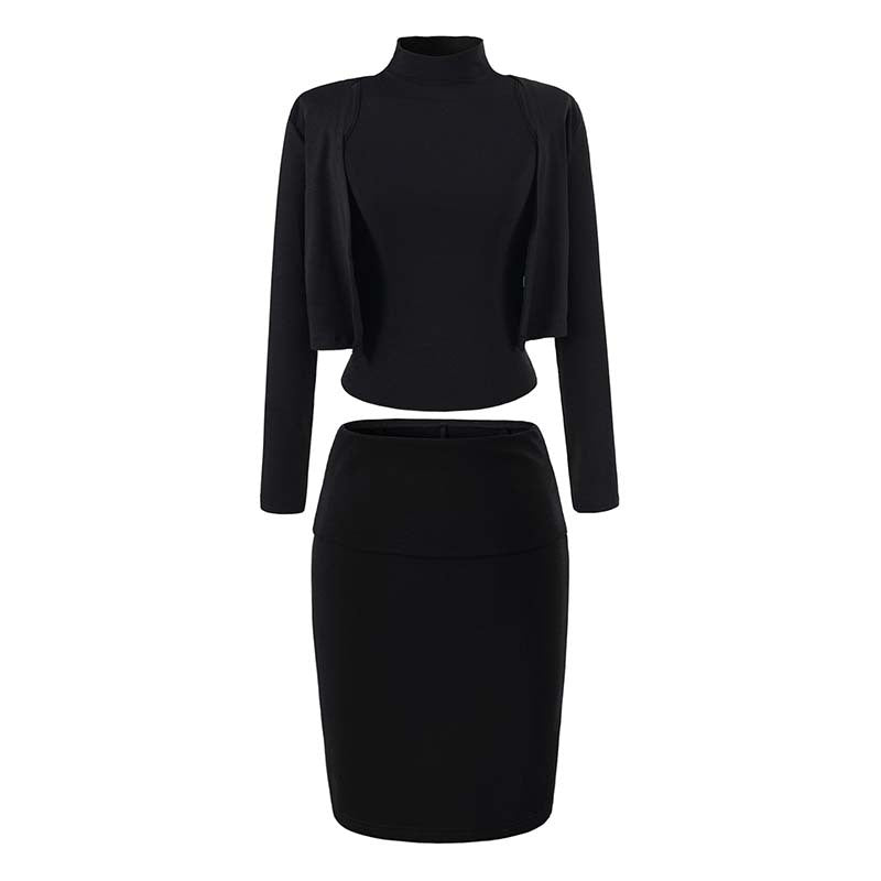 Ladies two-piece business knit set with turtleneck top, bolero, and pencil skirt Amarae